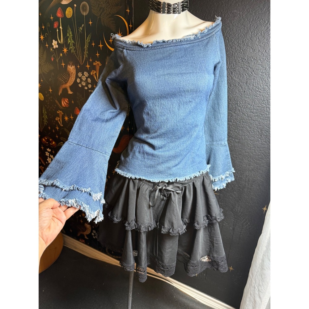 Venus Womens Off Shoulder Denim Top Blue Bell Sleeve Frayed Raw Hem Smocked L